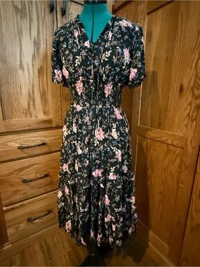 Baltic Born Black Midi Dress with Pink Floral Print